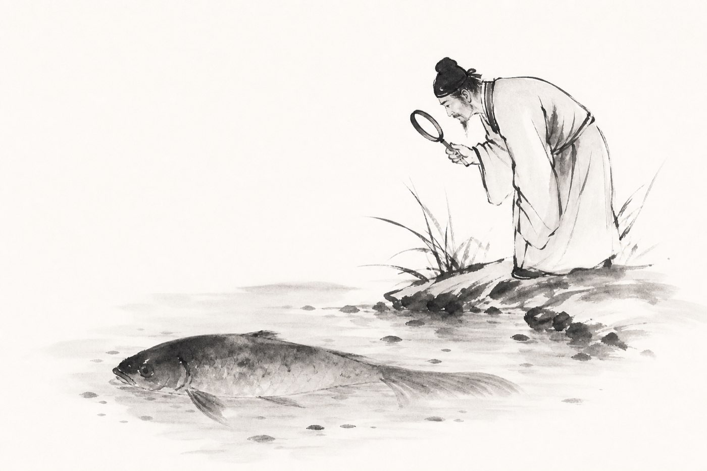 线描画：一条大鱼待在一个浅得盖不住它身体的池塘里，岸上一位观察者用放大镜端详它并做笔记