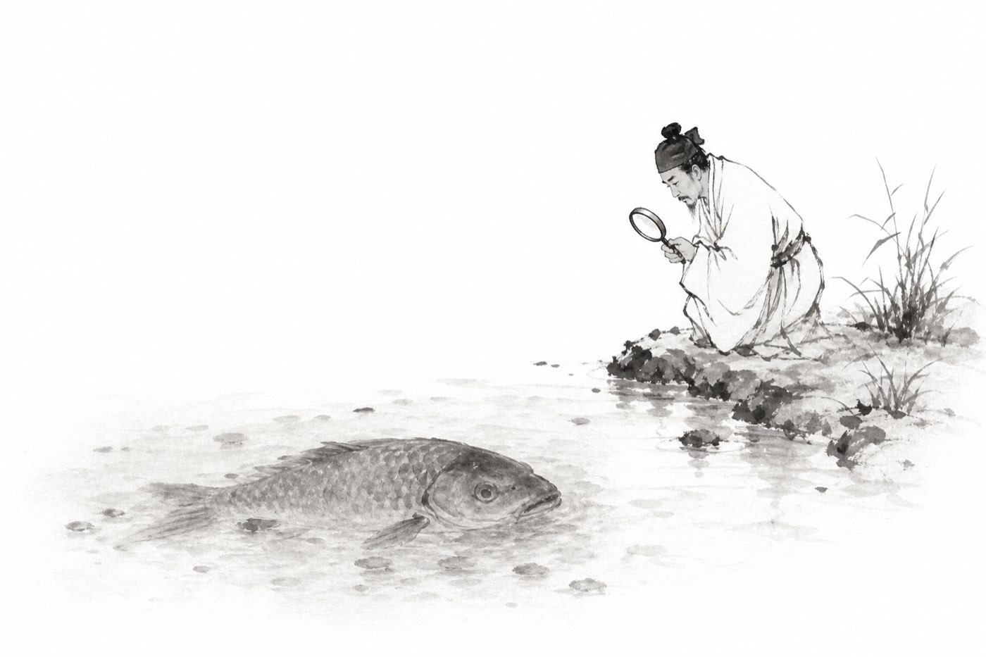 Ink-line drawing: a large advertising banner flutters at a market entrance, and beneath it an inspector writes in a ledger as one person grips the sluice handle of a shallow puddle