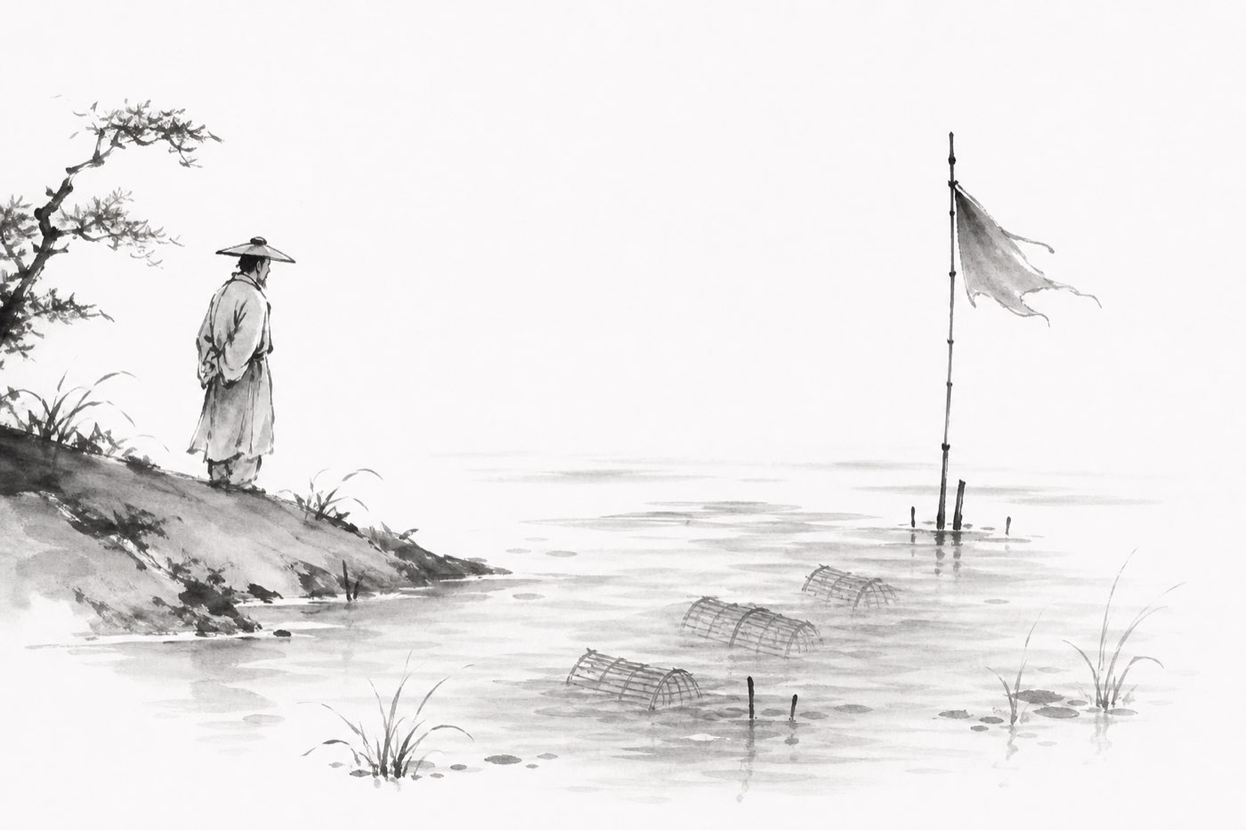 線画：手のひらほどの水たまりに巨大な影を落とす人物と、棒で水深を測って書き留める検疫官
