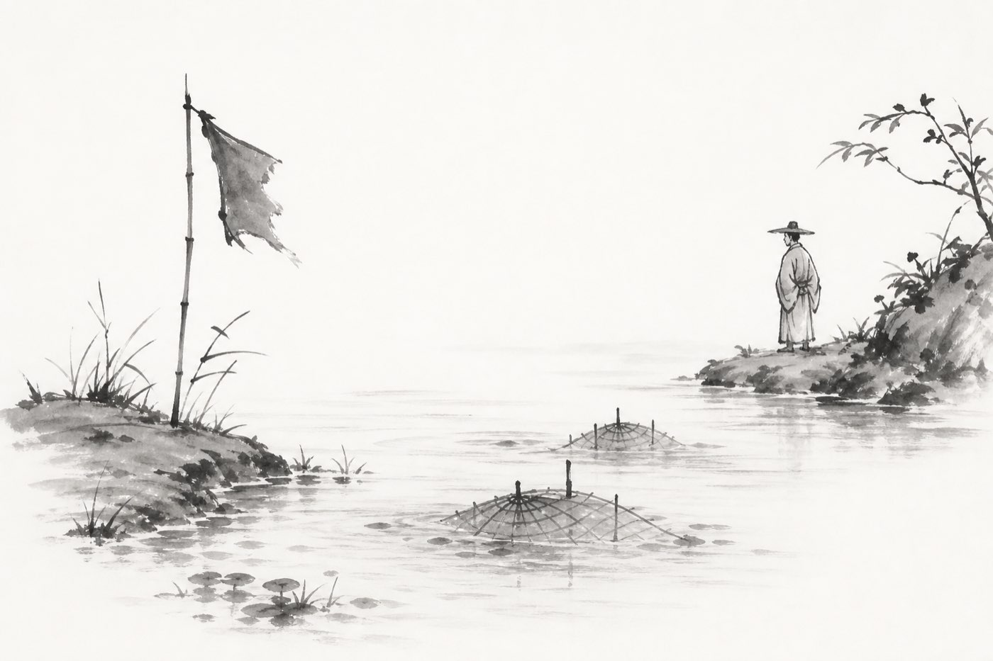 수묵 선화: 발목 깊이 여울에 억지로 띄운 거대한 배와, 물가에서 자를 대어 수심을 재는 검역관